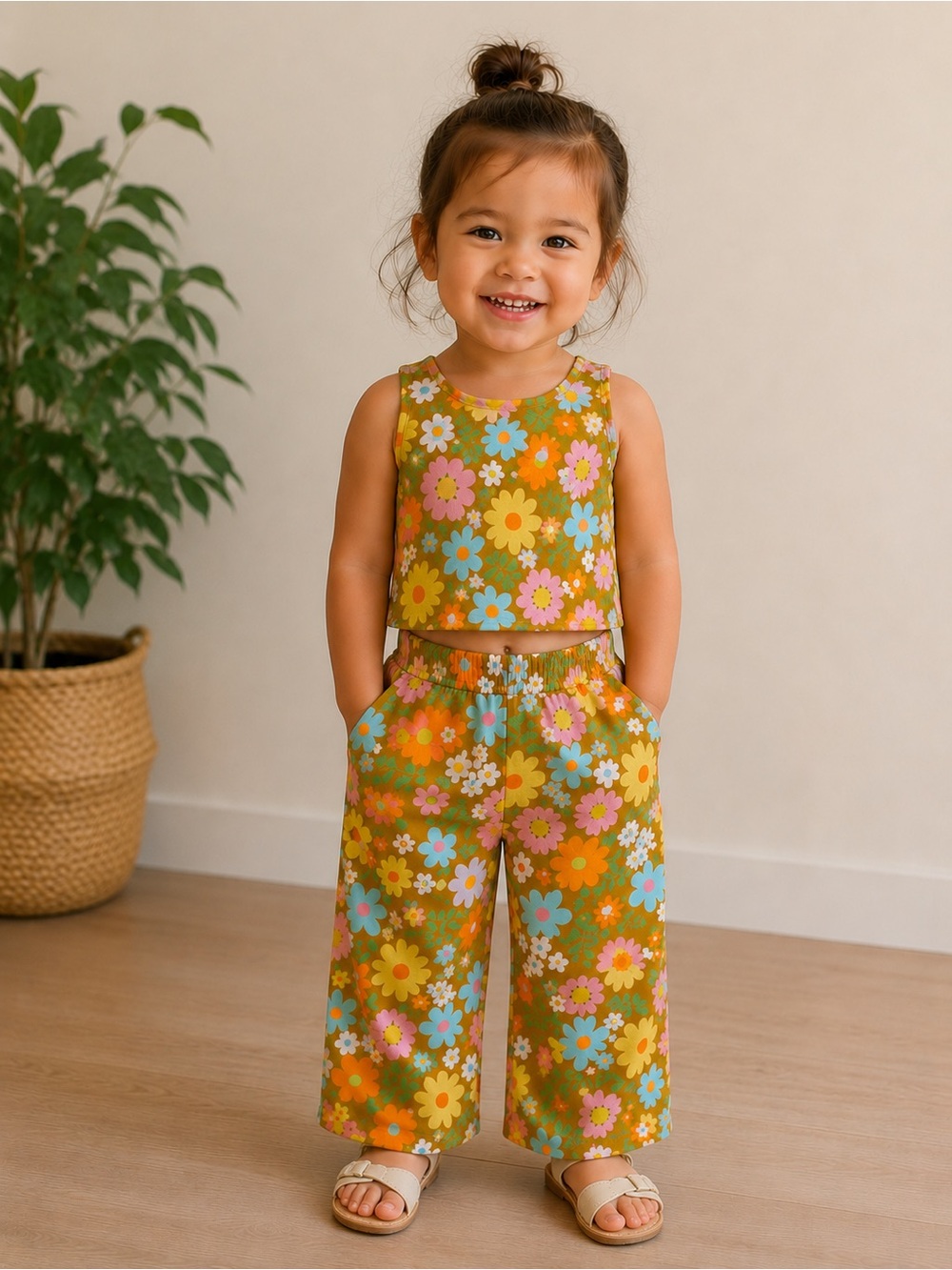 Joanbird Floral Crop Tank Top and Pants - Multicolor Daisy Print